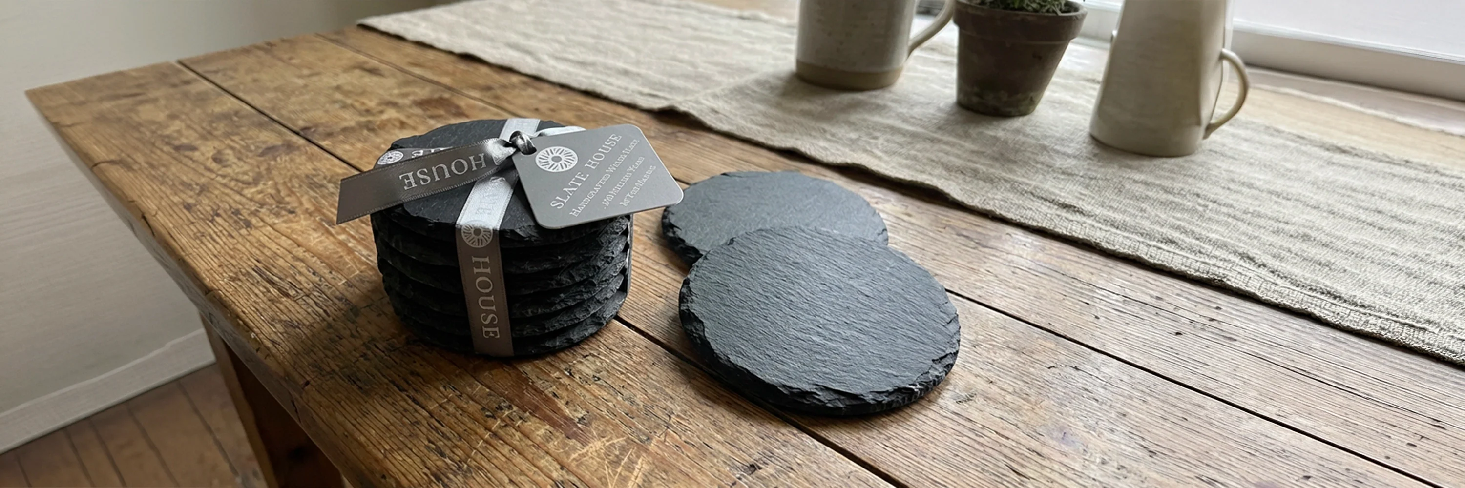 Round Set of Slate Coasters tied with Ribbon