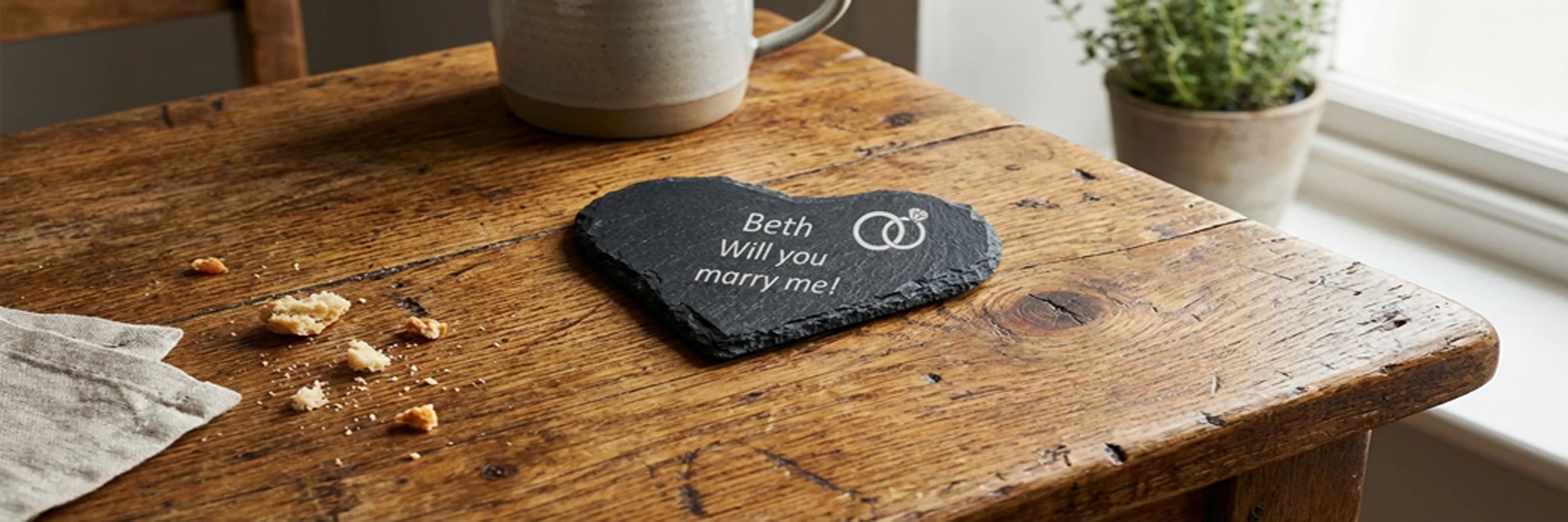 Slate Heart Shaped Coaster with personalised text and motif engraved on to it