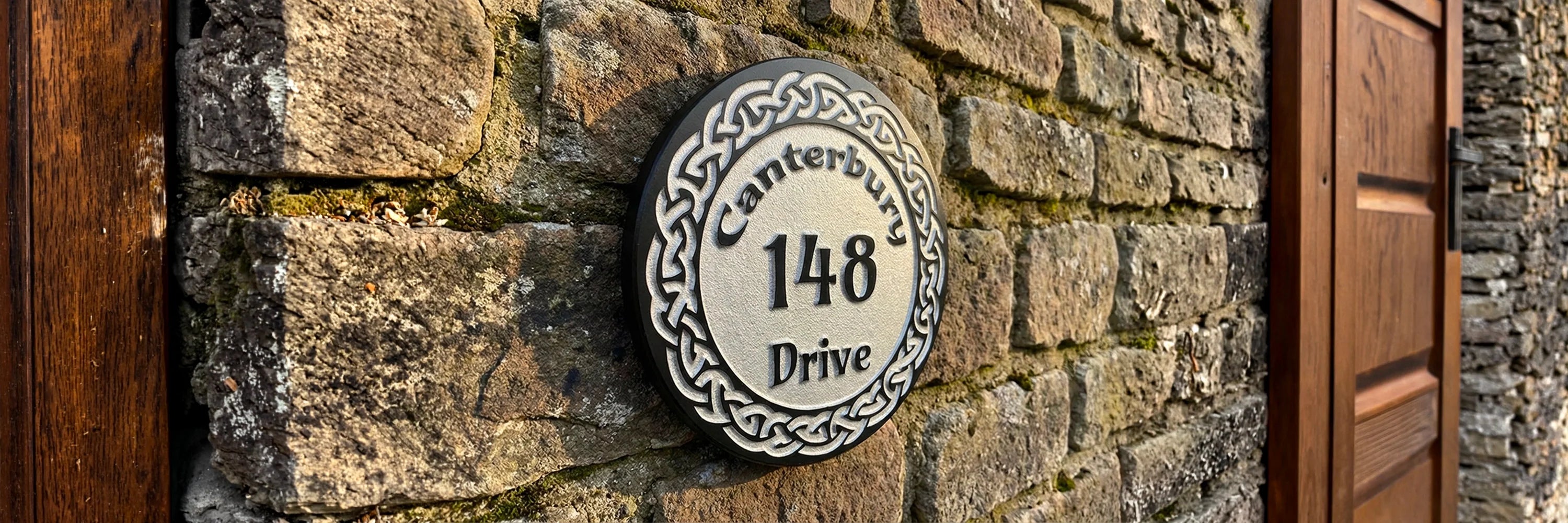 Round Slate House Sign with Deep Engraved Text and Pattern Boarder