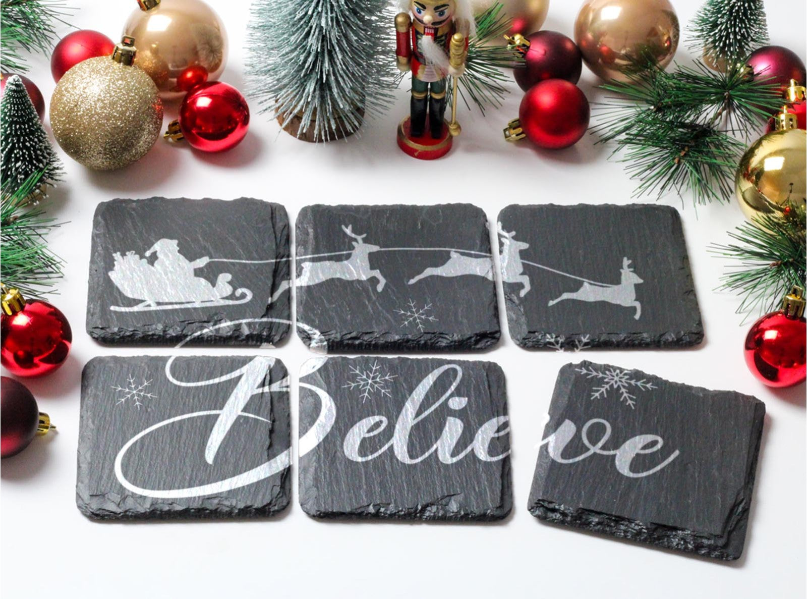 Welsh slate christmas coaster set of 6 with 'believe' laser engraved over all 6 coasters
