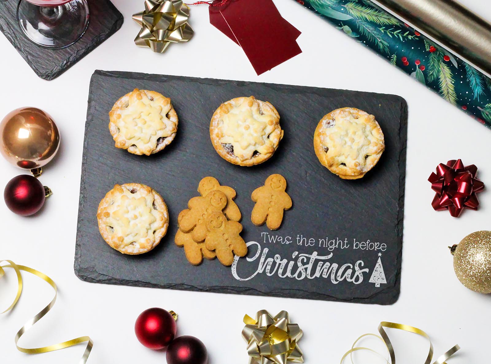 Welsh slate rectangle cheeseboard laser engraved with the design 'twas the night before christmas'