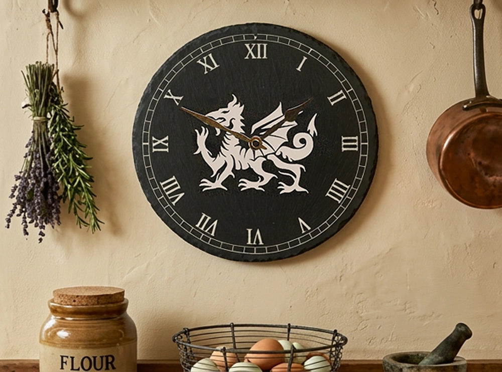 Welsh Slate Wall Clock | Dragon with Roman Numerals