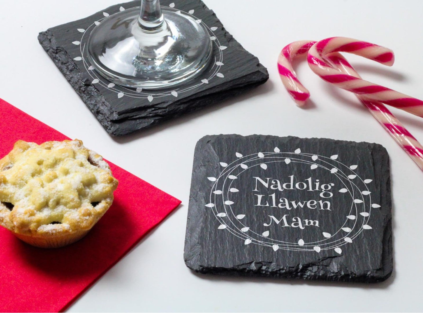 Welsh slate square christmas coaster engraved with Nadolig Llawen Mam' (welsh for merry christmas Mam)