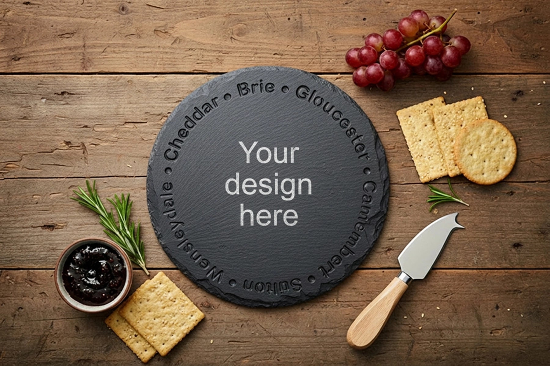 Personalised Welsh slate round Cheese board - Deep Engraved Cheese Names