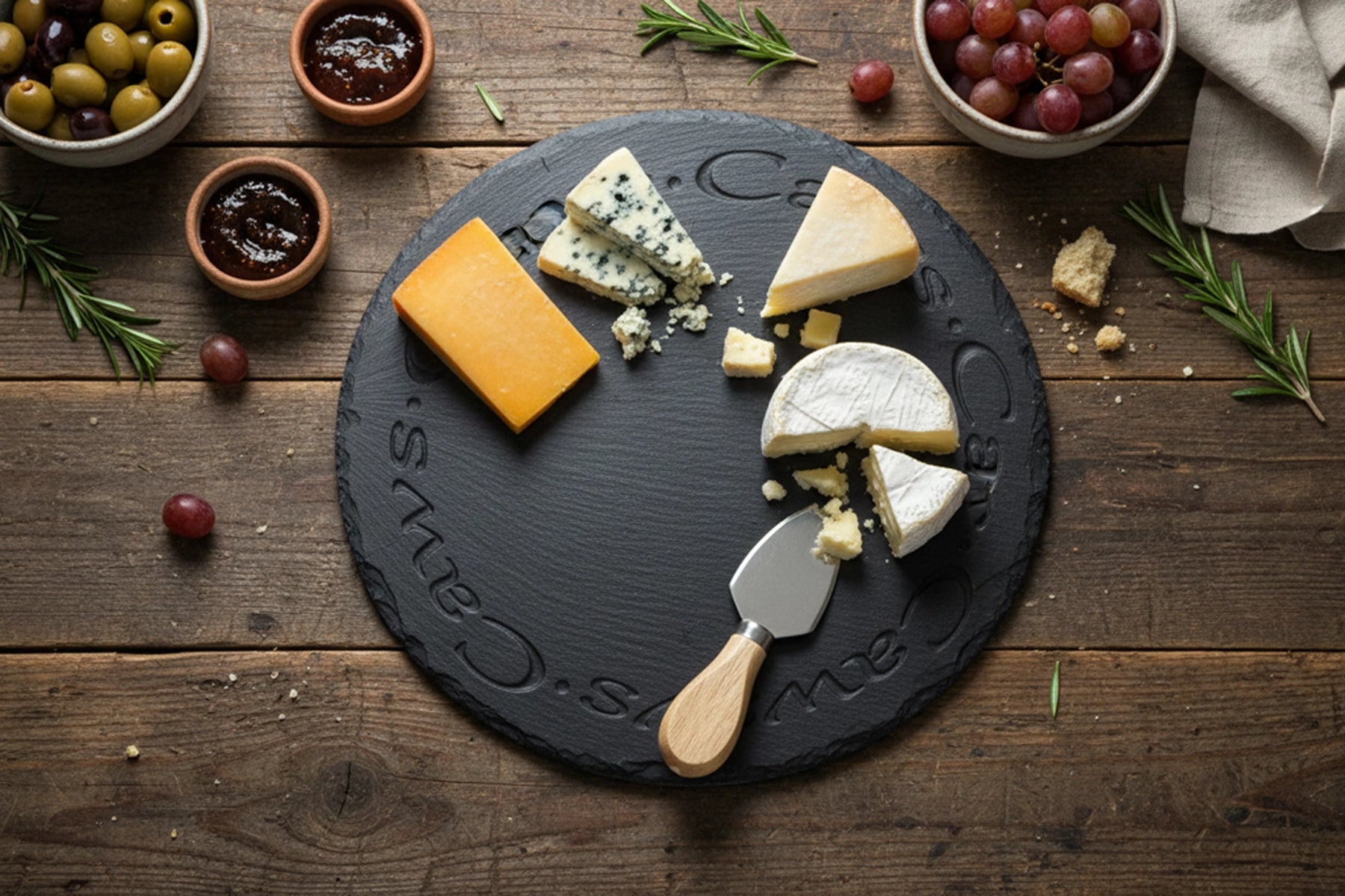 Welsh Slate Round Cheeseboard | Deep Engraved Caws