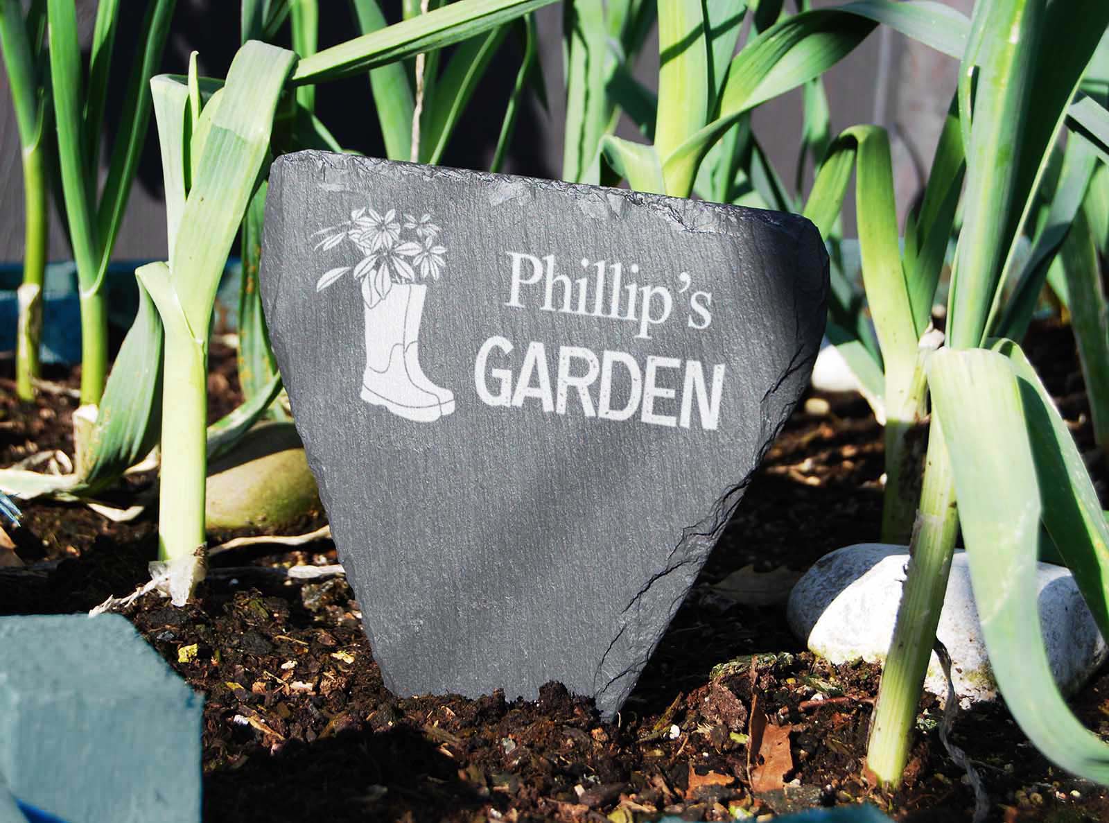 Hand-cut Welsh slate personalised 'garden' marker, for the ground