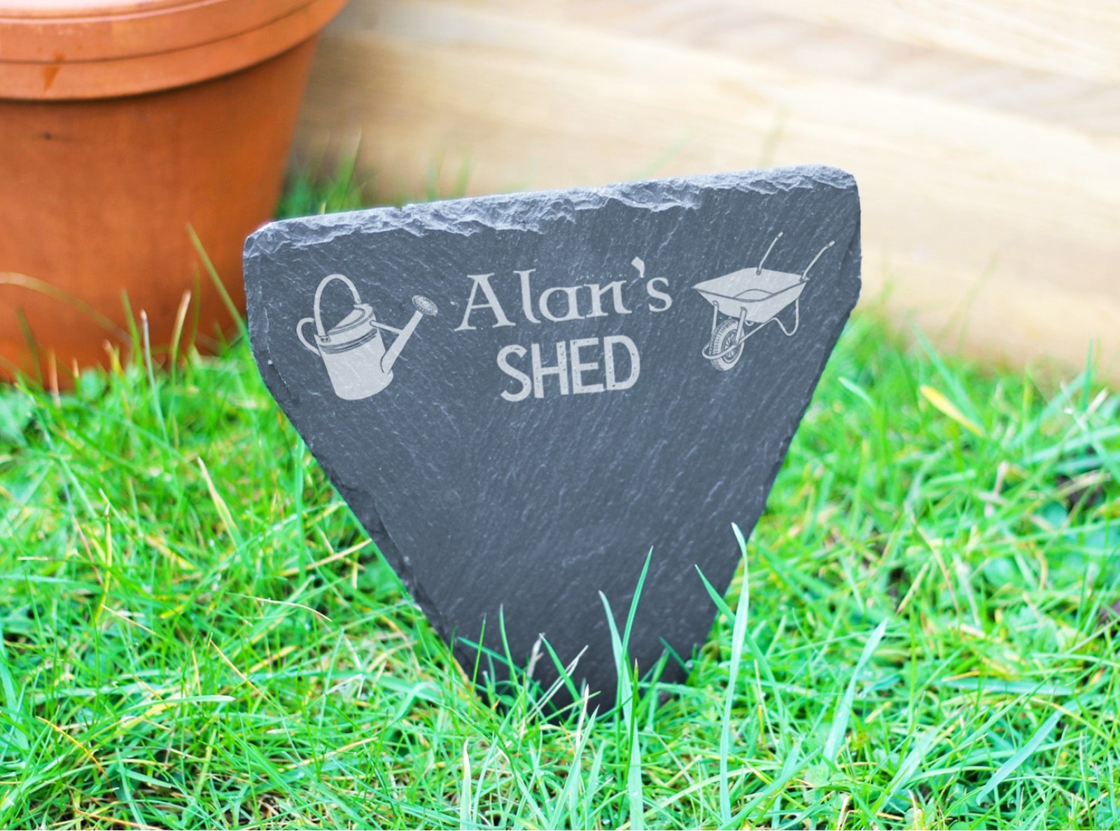 Personalised, hand cut welsh slate garden marker engraved with 'Shed'
