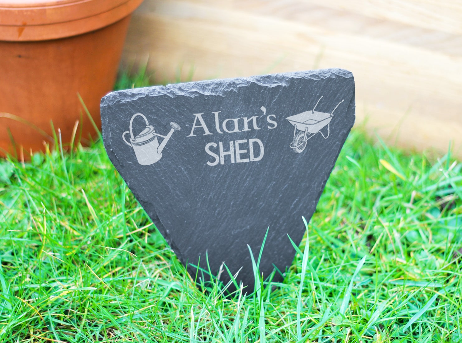 Personalised, hand cut welsh slate garden marker engraved with 'Shed'