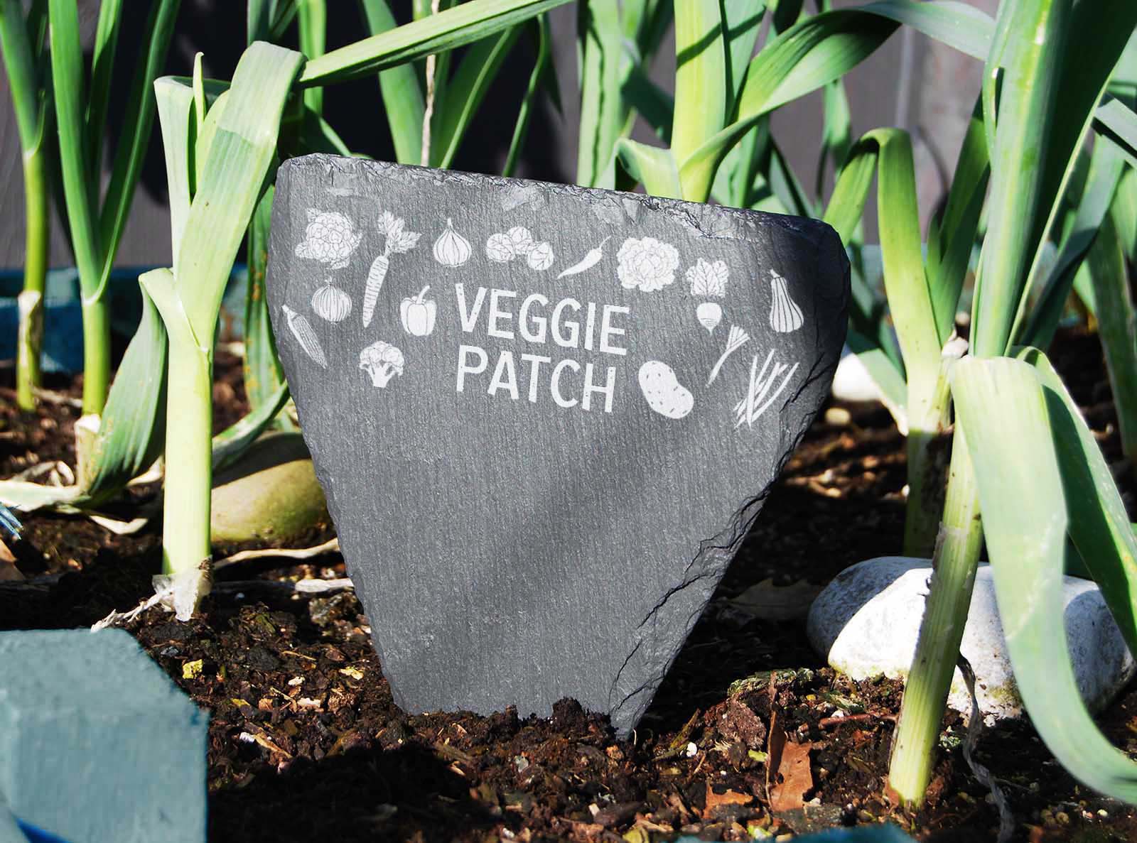 hand cut welsh slate garden marker engraved with 'Vegetable patch'