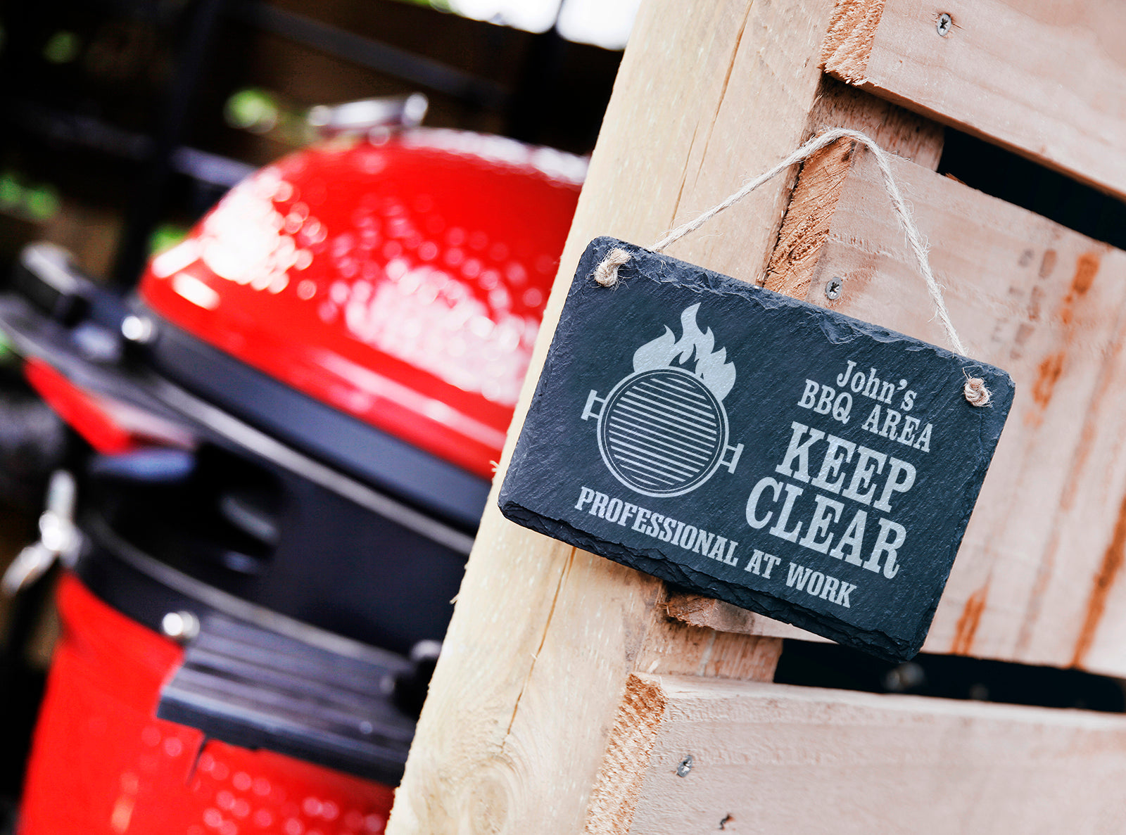 Personalised Welsh slate barbeque hanging sign engraved with 'Barbeque Pro'