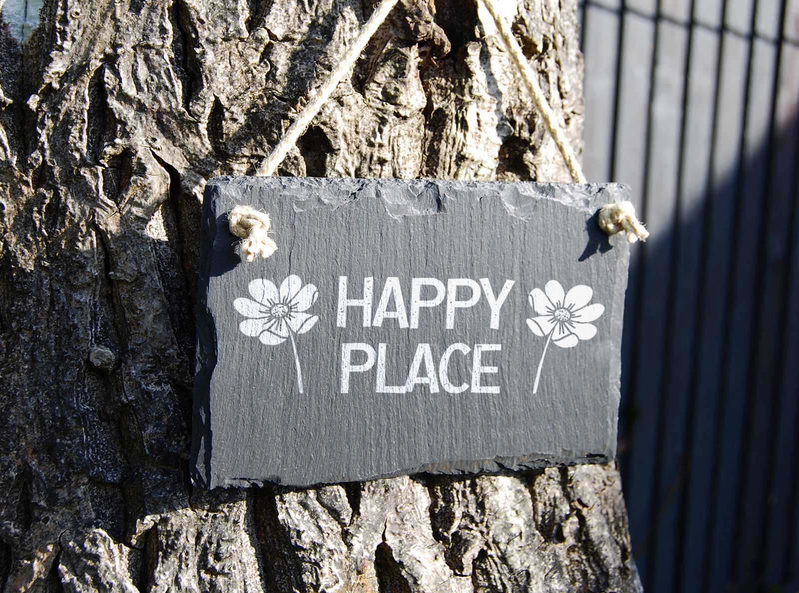hand cut welsh slate hanging garden sign, engraved with 'happy place'