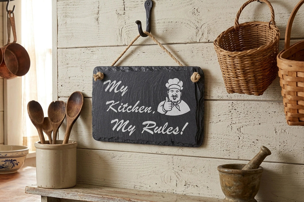My Kitchen My Rules Welsh Slate Sign
