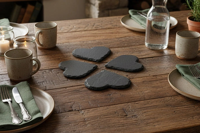 4x Heart Shaped Welsh Slate Coasters