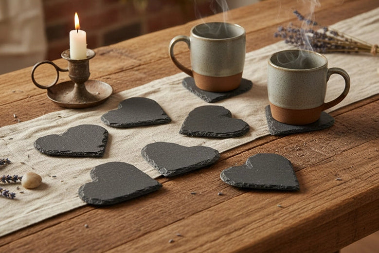 6 x Heart Shaped Welsh Slate Coasters