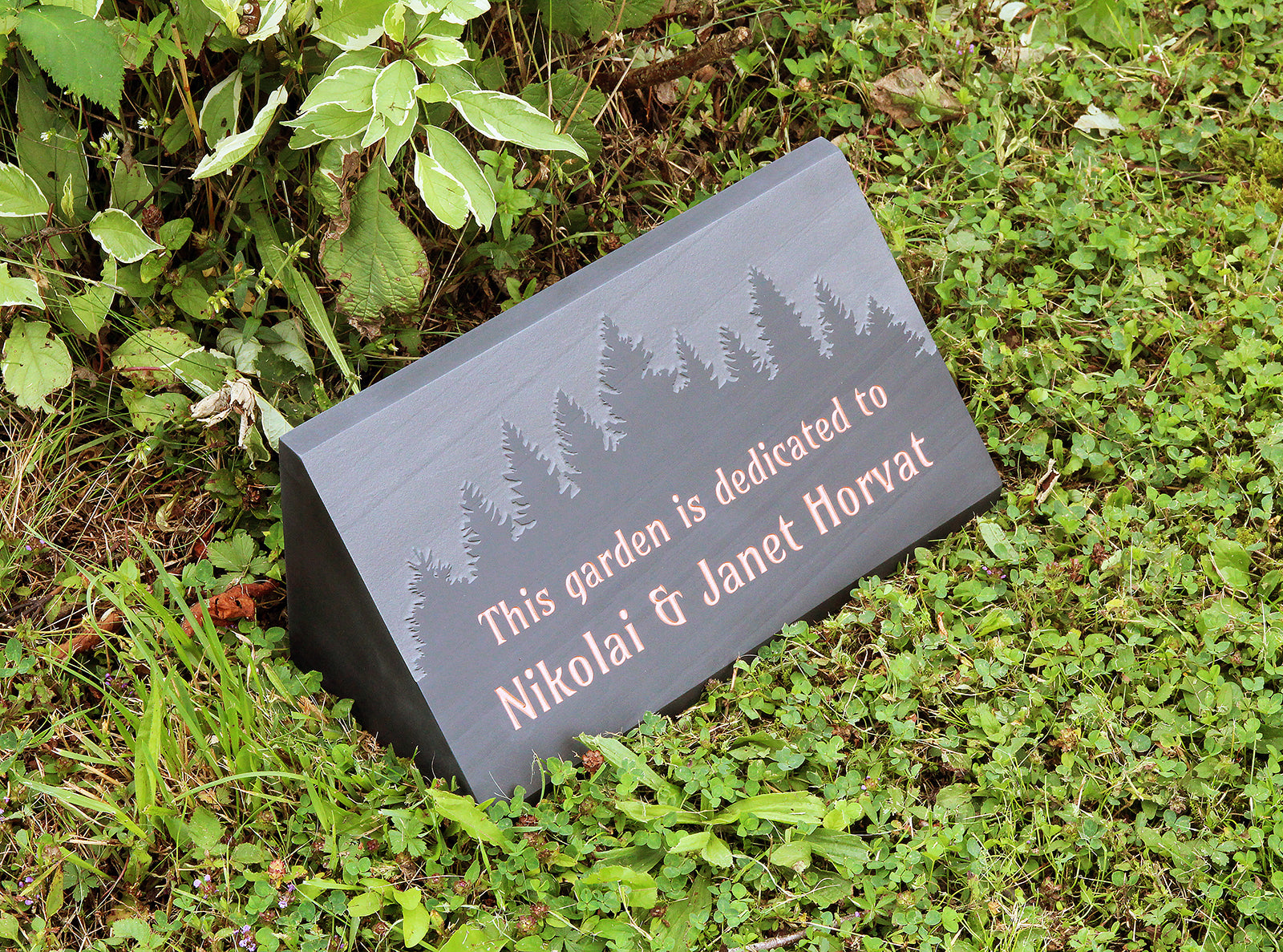 300mm x 150mm Slate memorial wedge with personalised text and optional motif