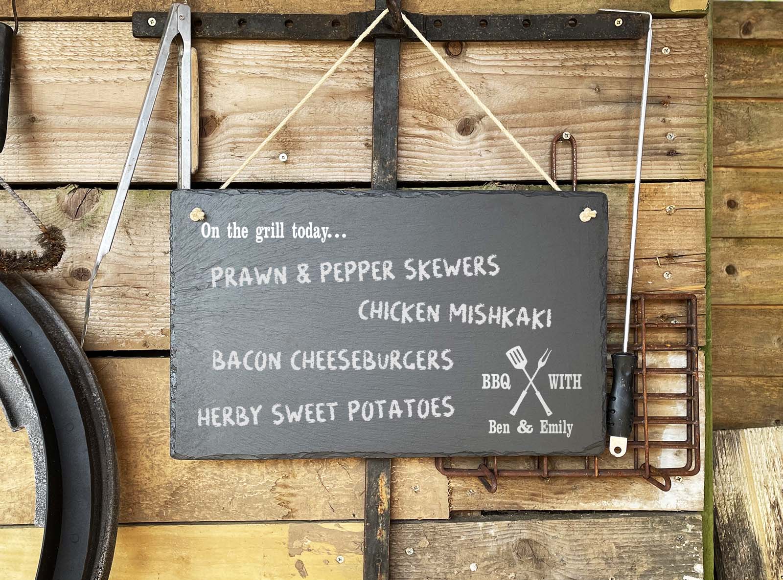 Welsh slate chalkboard engraved with 'On the grill'