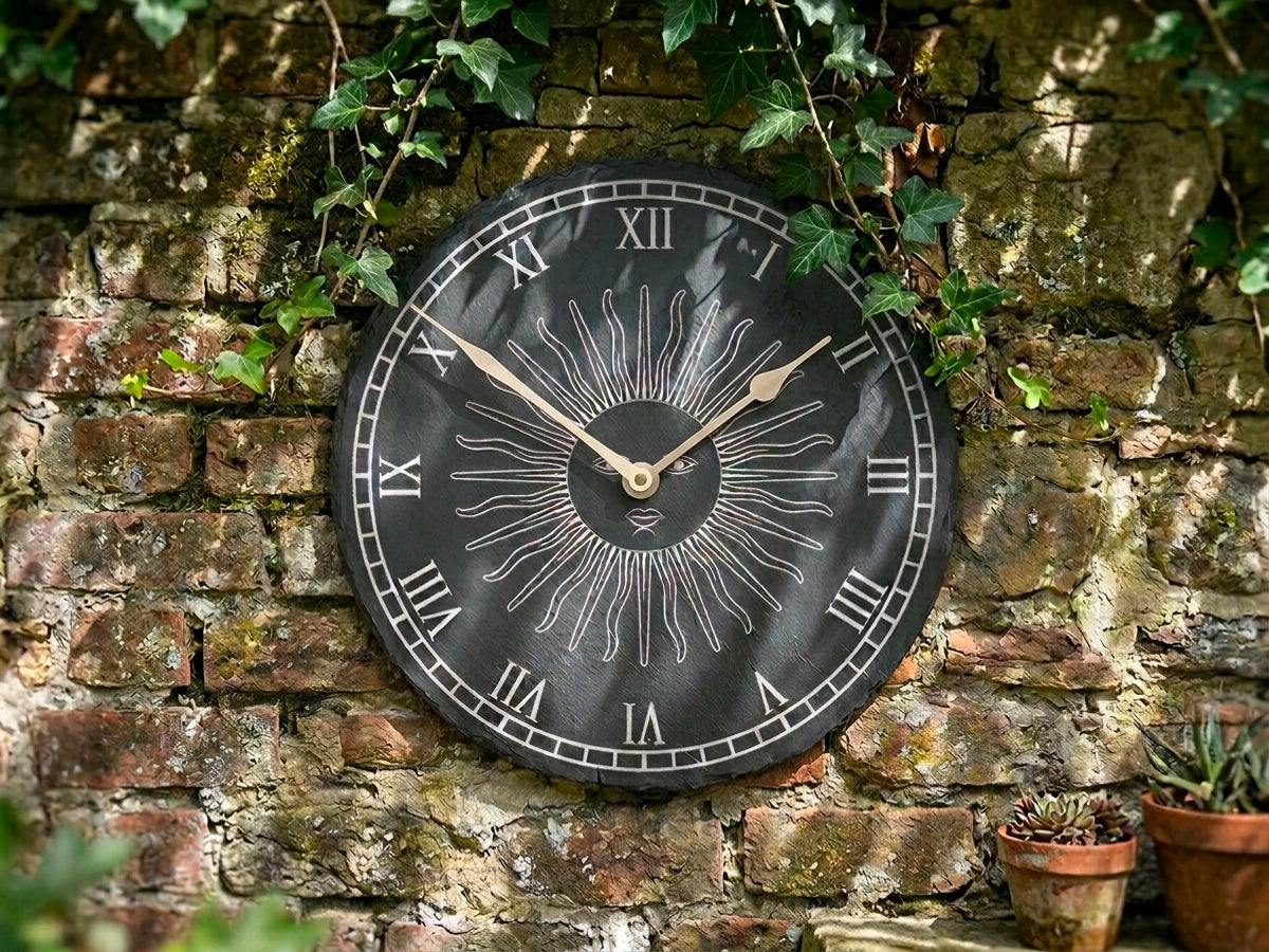 Large Welsh Slate Garden Clock - Roman Sun