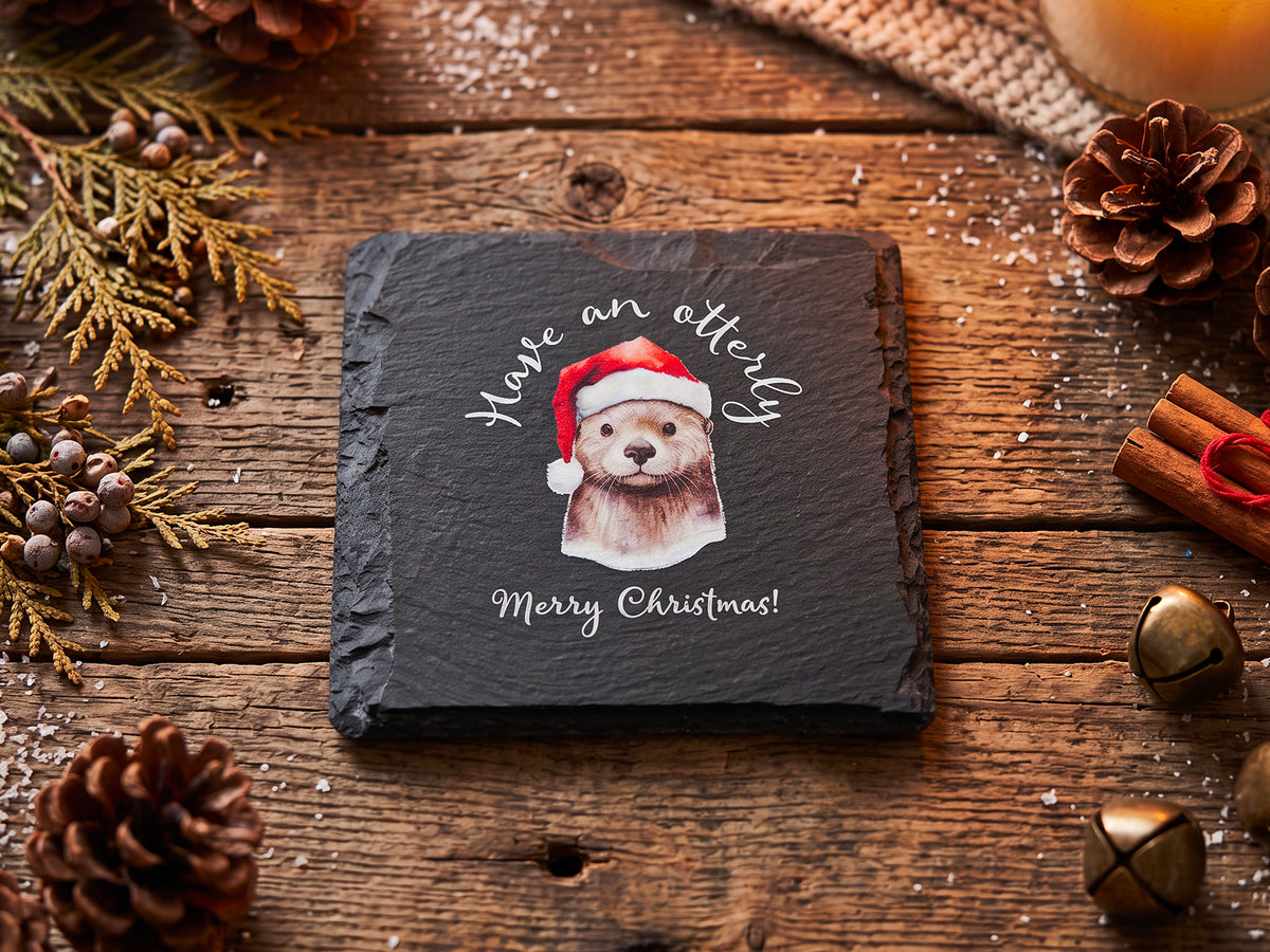 Christmas Otter Welsh Slate Coaster