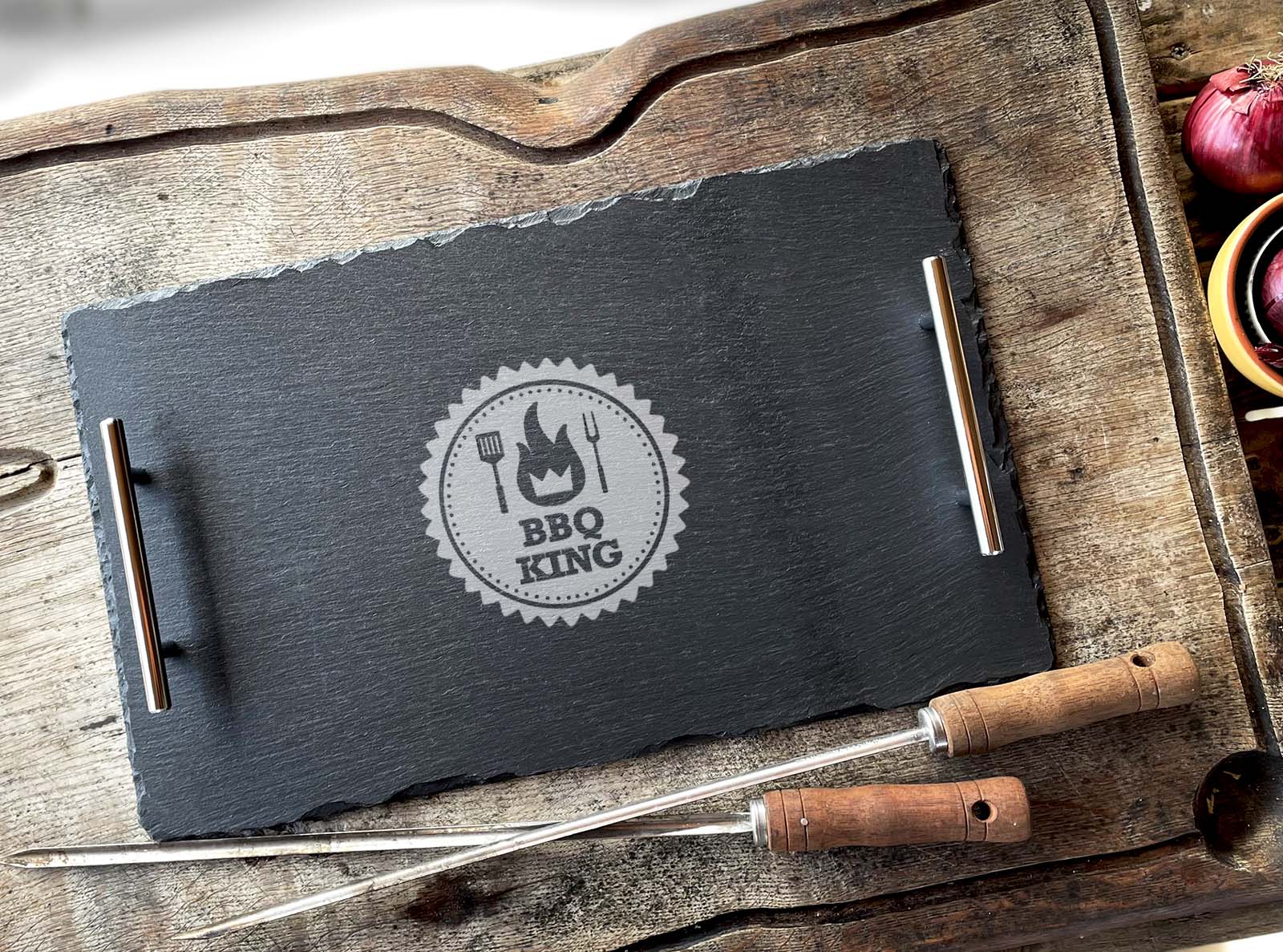 Large Welsh slate barbeque tray engraved with 'BBQ King'