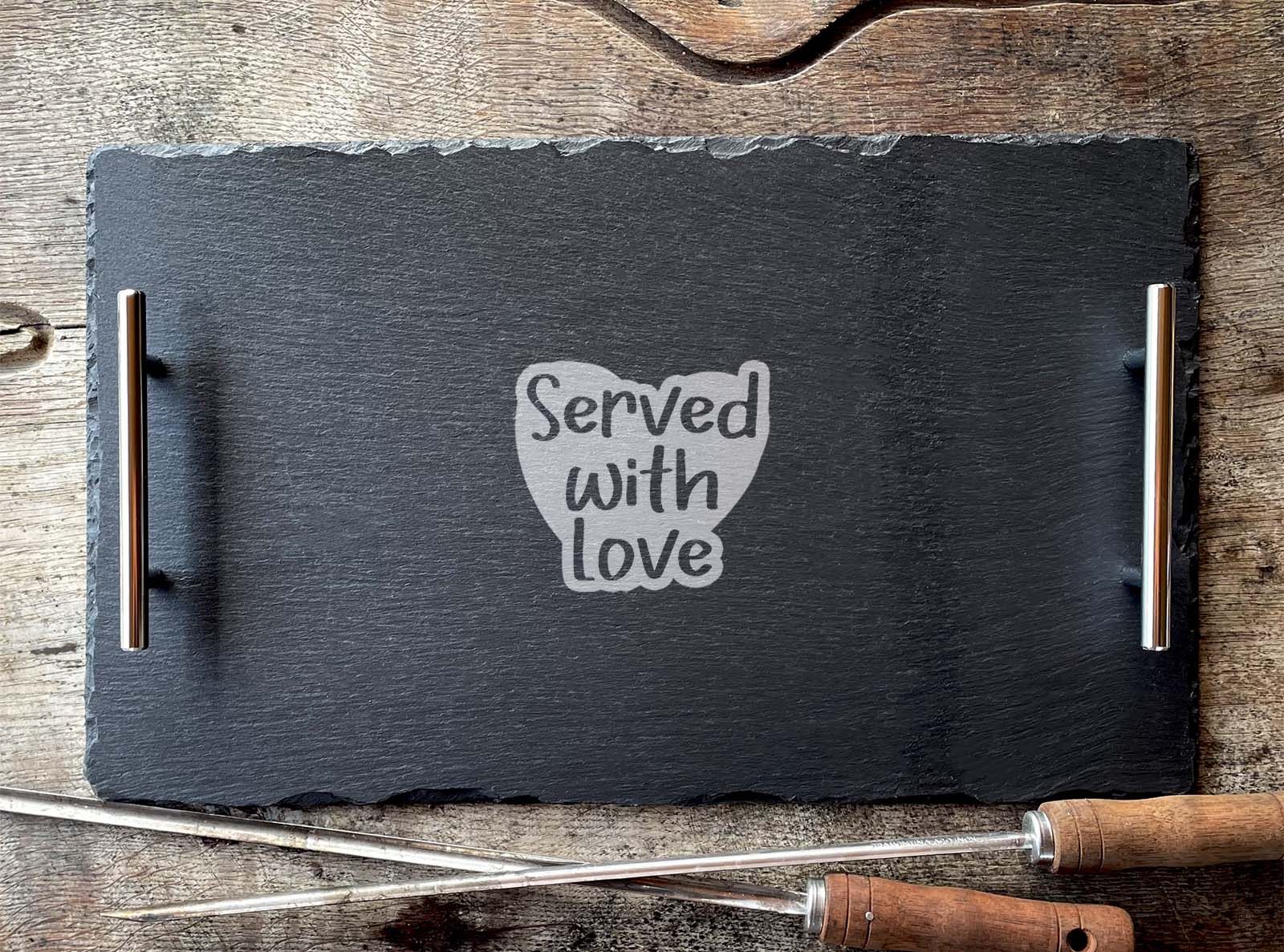 hand cut welsh slate serving tray with our served with love design