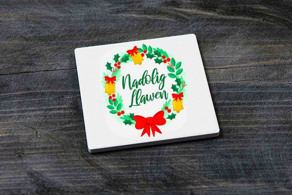 Nadolig Llawen Wreath Christmas Ceramic Coaster