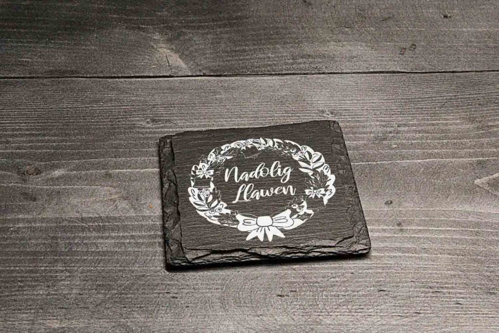 Nadolig Llawen Wreath Welsh Slate Christmas Coaster