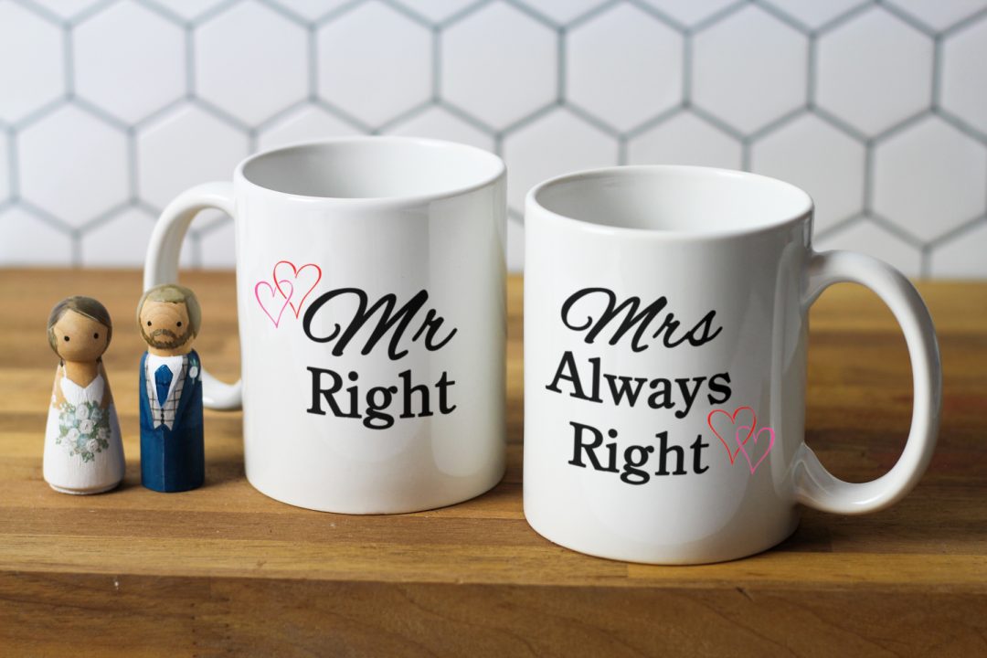 Set of personalised wedding gift mugs. Mr and Mrs Right.