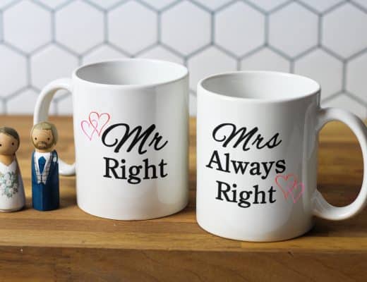 Set of personalised wedding gift mugs. Mr and Mrs Right.