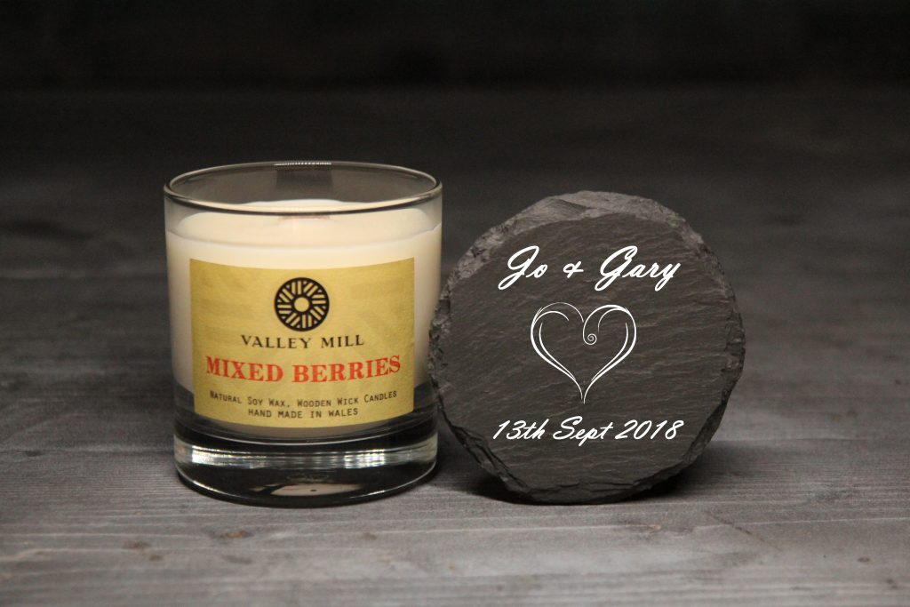 Slate House Mixed Berries handmade soy wax candle with a personalised engraved coaster.