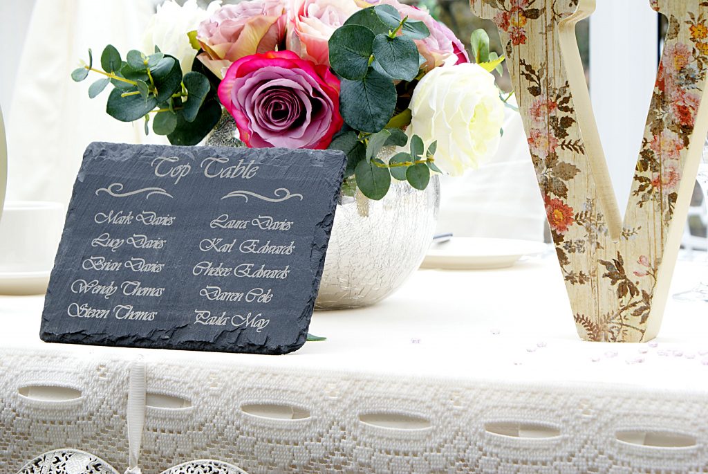 Personalised and engraved top table Welsh slate table setting for a wedding