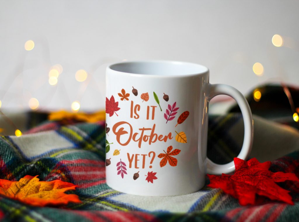 Is it october yet printed on a white ceramic mug as part of Slate Houses autumn mug range