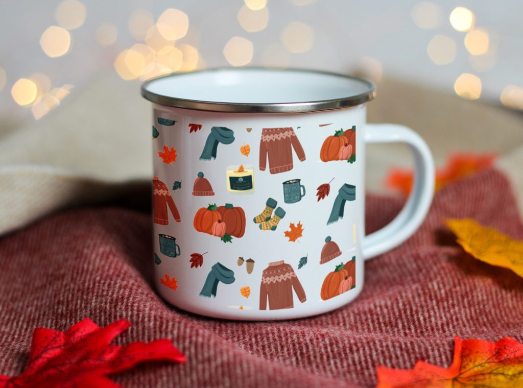 White enamel camping mug with autumn inpsired designs
