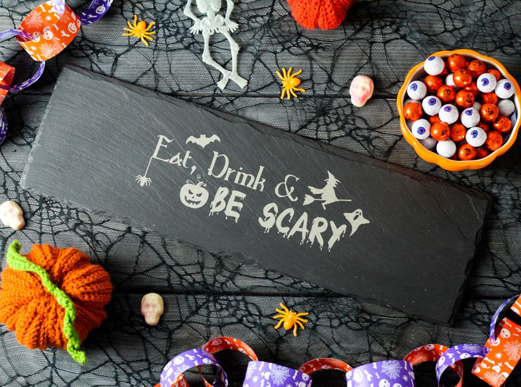 Halloween Welsh slate grazing platter that says eat, drink & be scary
