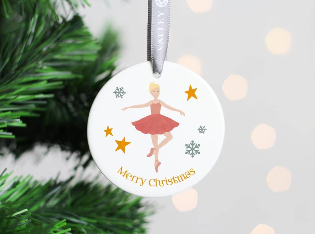 ceramic christmas tree decoration printed with a ballerina from the nutcracker suite