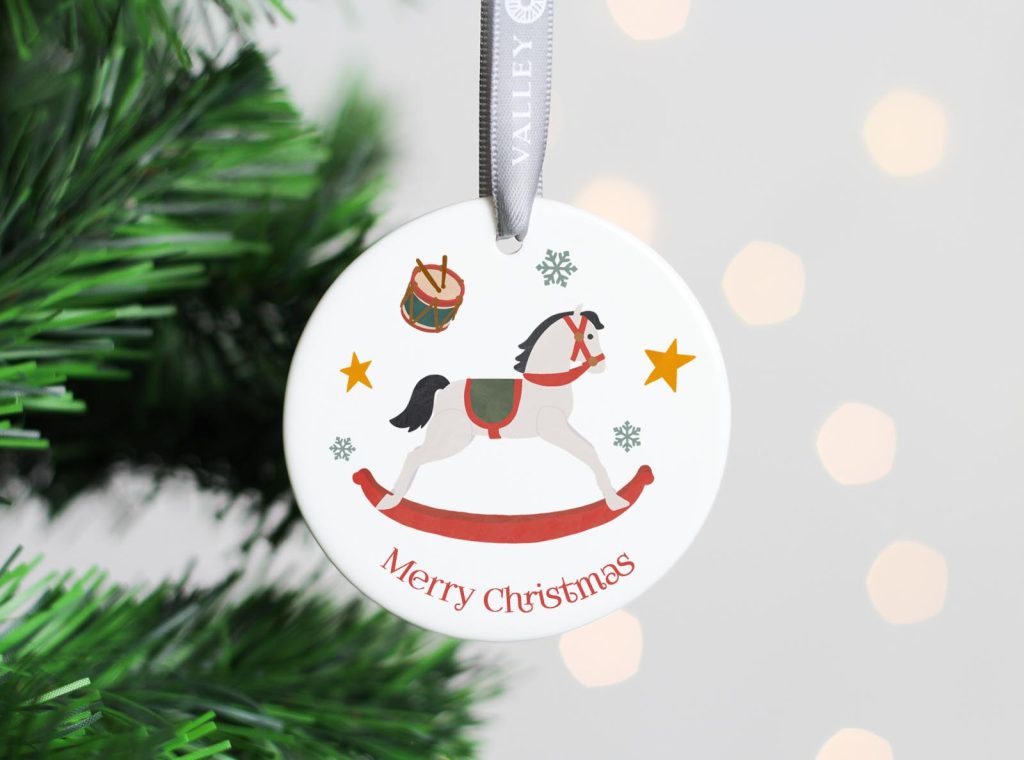 ceramic christmas tree decoration printed with a rocking horse from the nutcracker suite