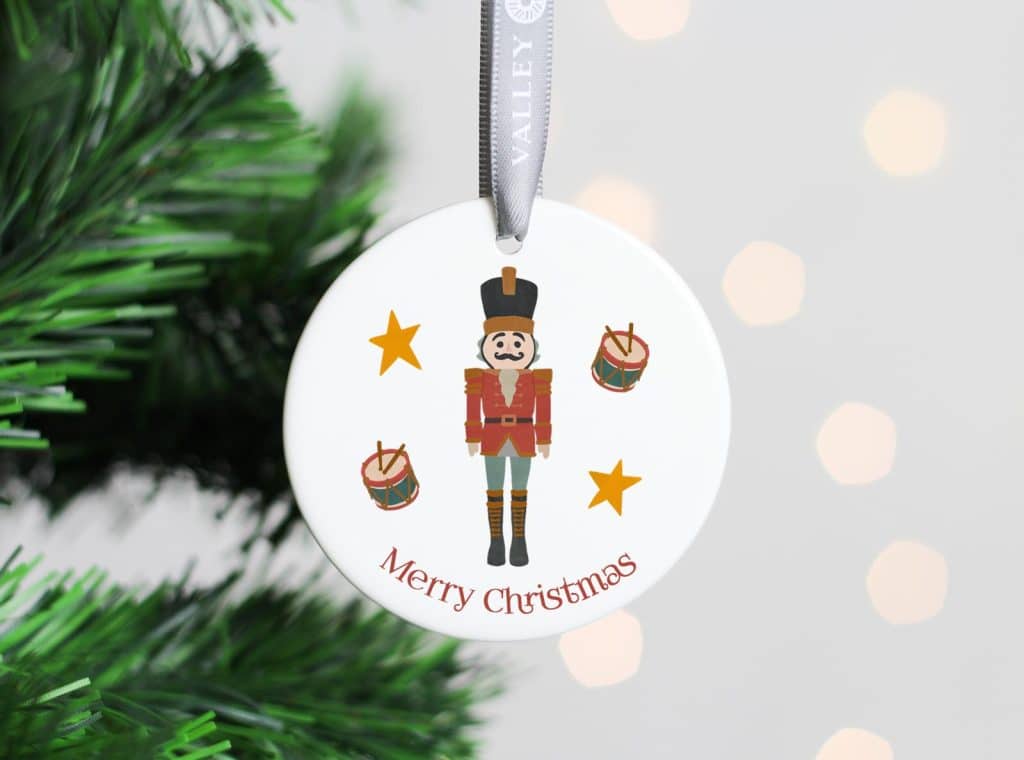 ceramic christmas tree decoration printed with a Nutcracker Soldier from the nutcracker suite