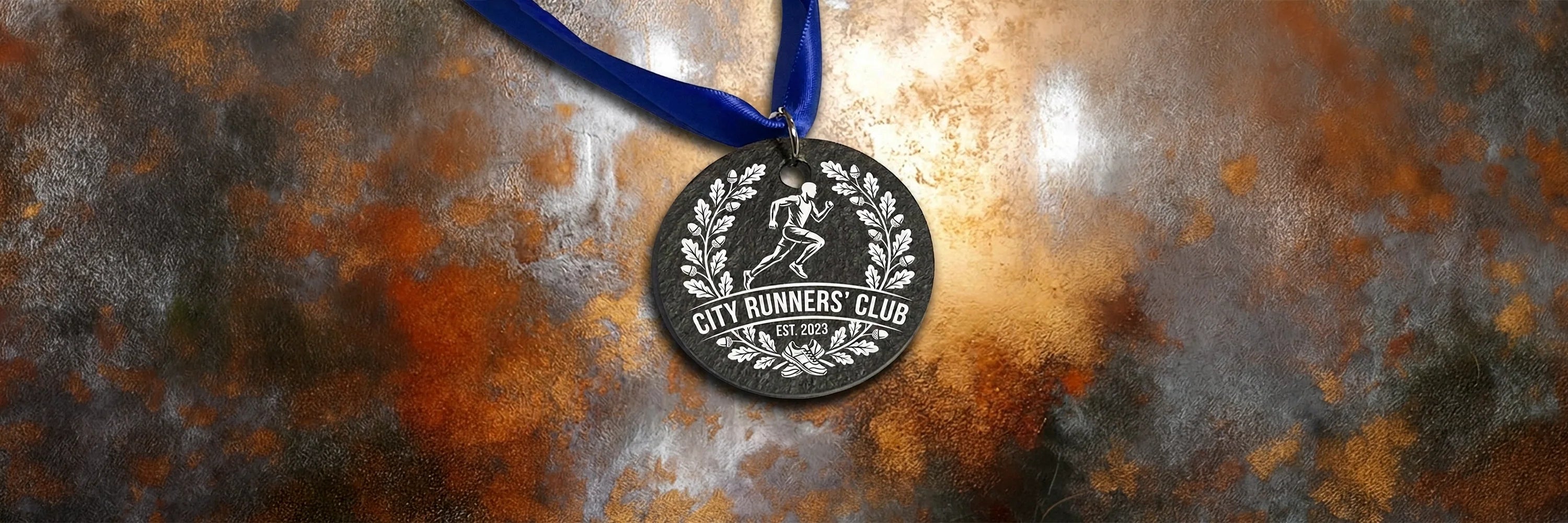 Round Slate Medal with Engraved design on it for Sporting Event, including Ribbon