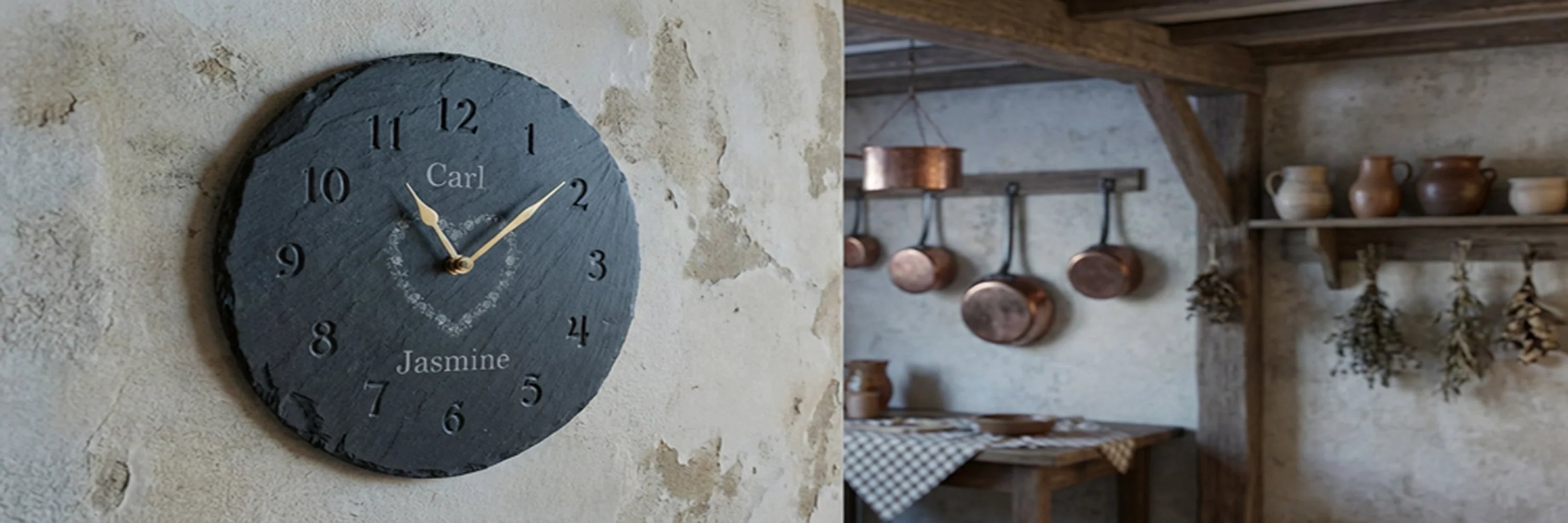 Round Slate Clock with Personalised Writing and Heart Motif Engraved on to it