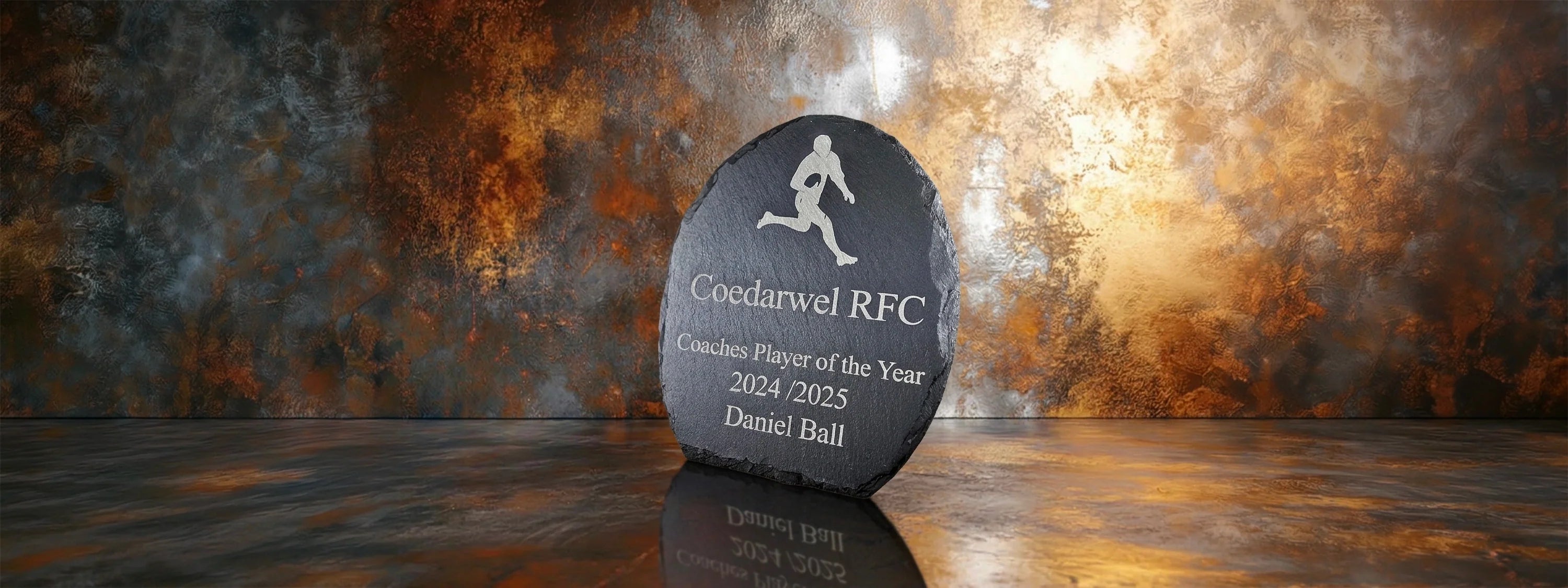 Rugby Shaped Trophy with Engraved Design on it for Sports Event
