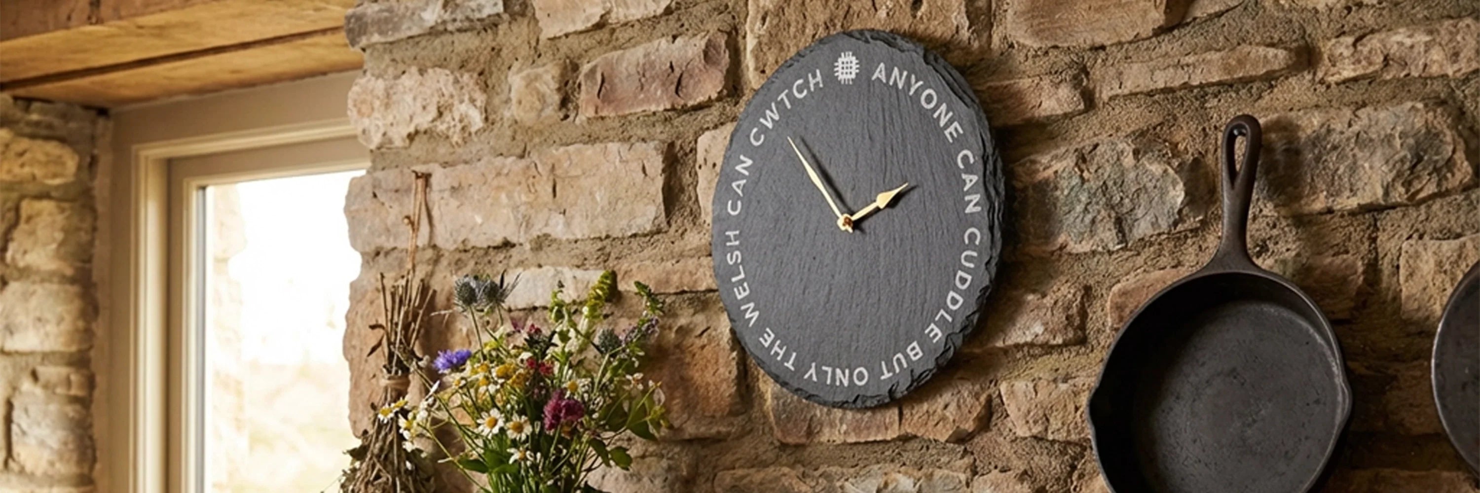 Round Welsh Slate Clock with Welsh Quote Engraved on to it