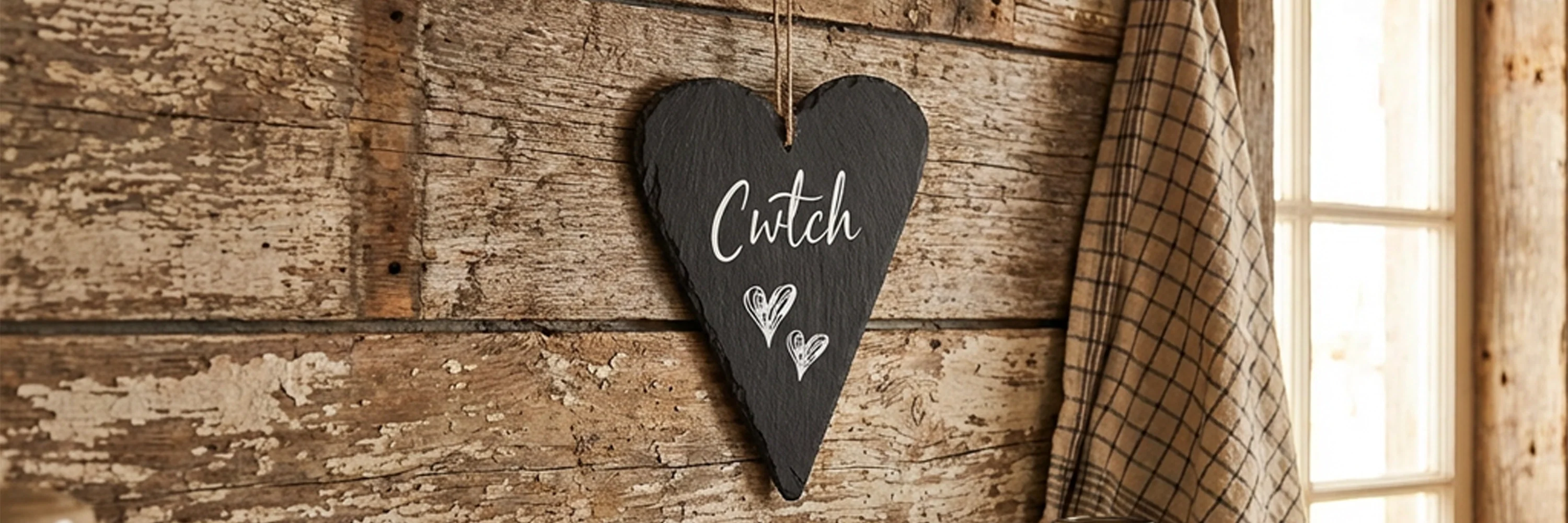 Heart Shaped Hanging Sign with the Welsh Word 'Cwtch' Engraved on to it 