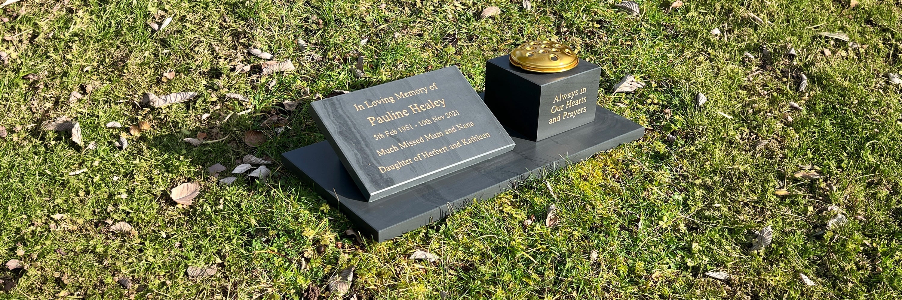 Premium Slate Memorial with Gold Personalised Text Deep Engraved, Including Vase with Gold Topper