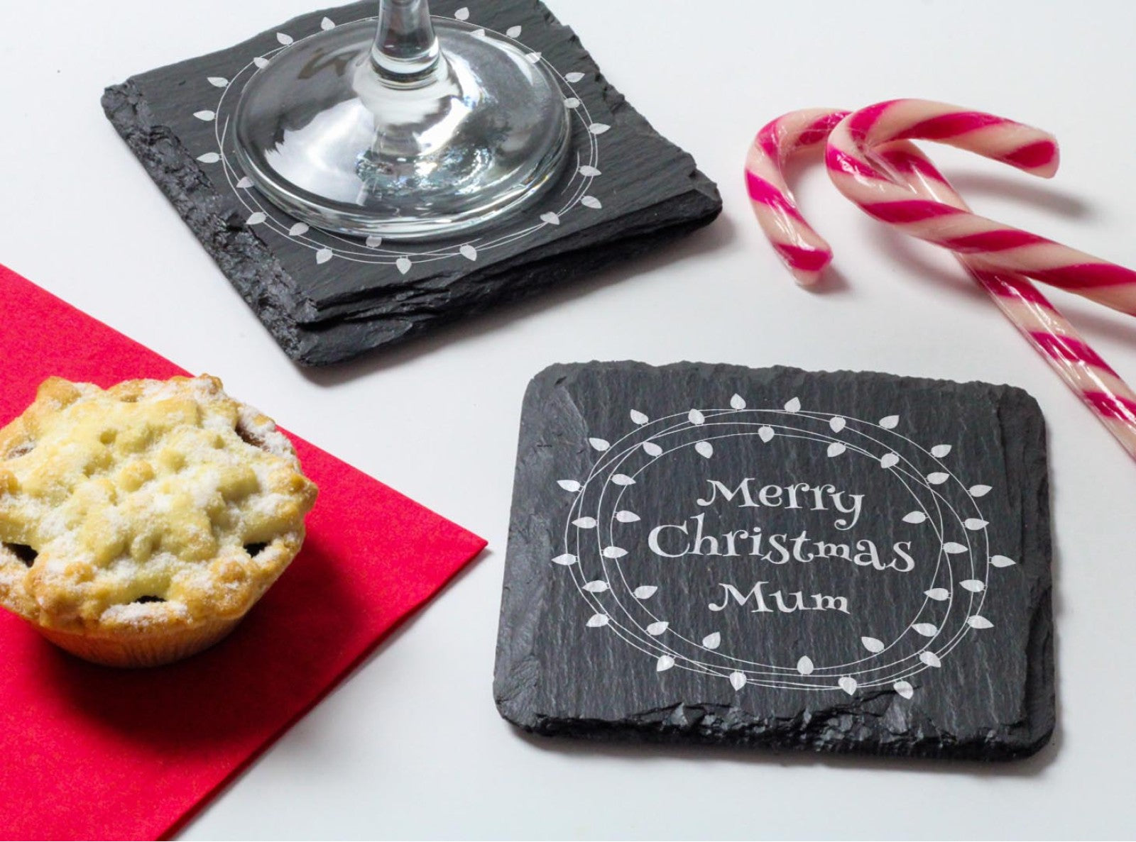 Welsh slate square christmas coaster engraved with ' Merry christmas Mum' design.