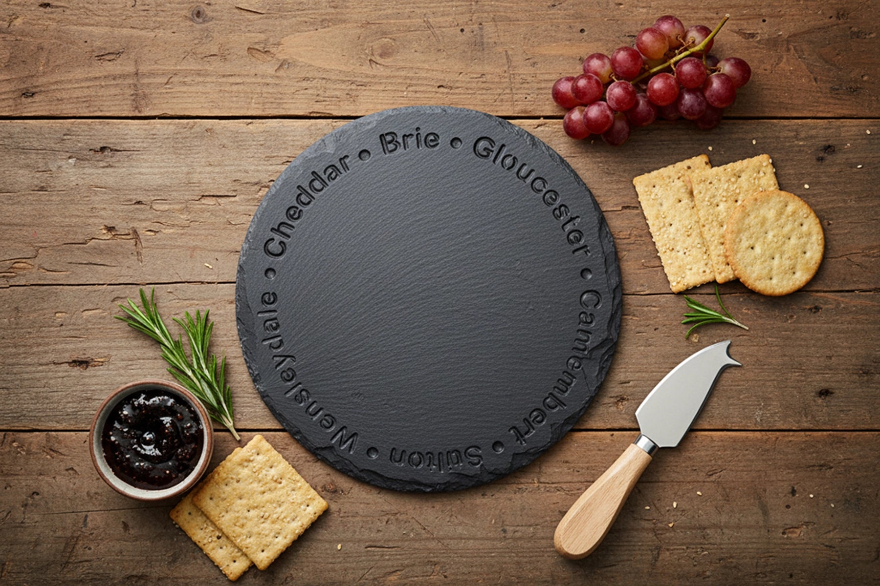 Welsh slate cheese board - round with cheese names deep engraved