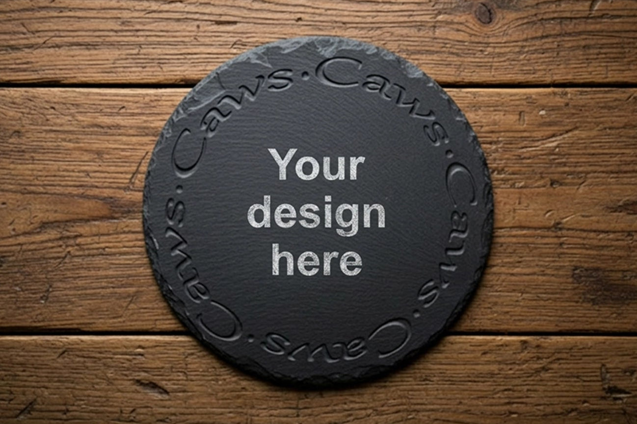 Personalised Welsh slate round Cheese board - Deep engraved 'Caws'