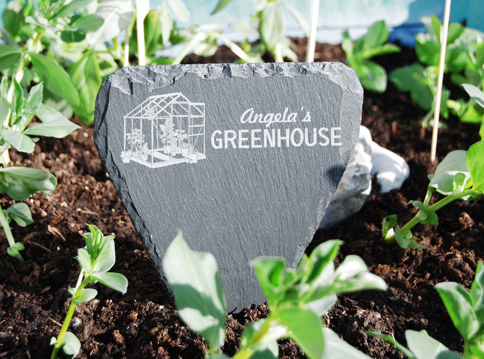 Hand-cut Welsh slate personalised 'green house' garden marker, for the ground