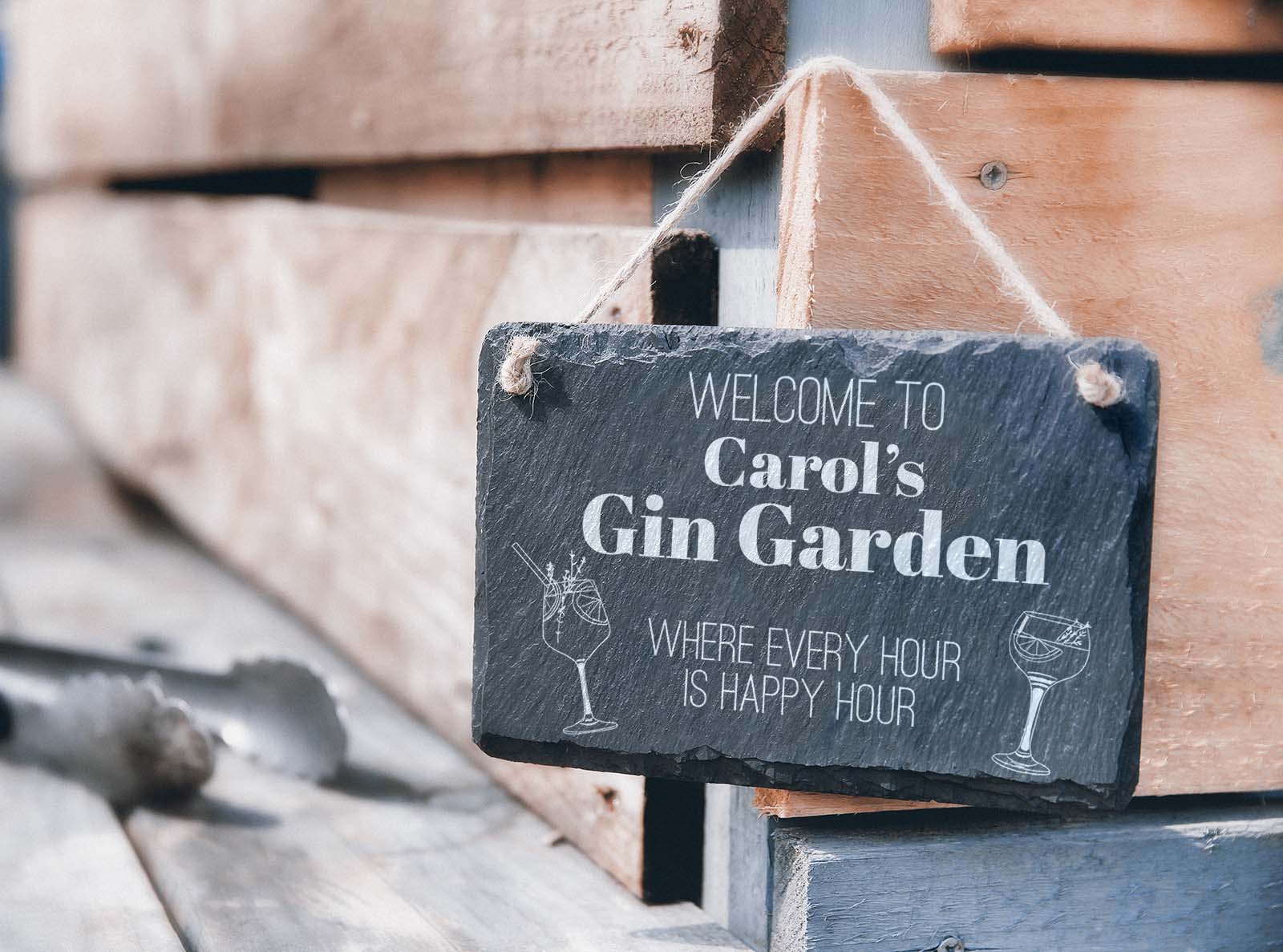 Personalised Welsh slate Gin garden hanging sign