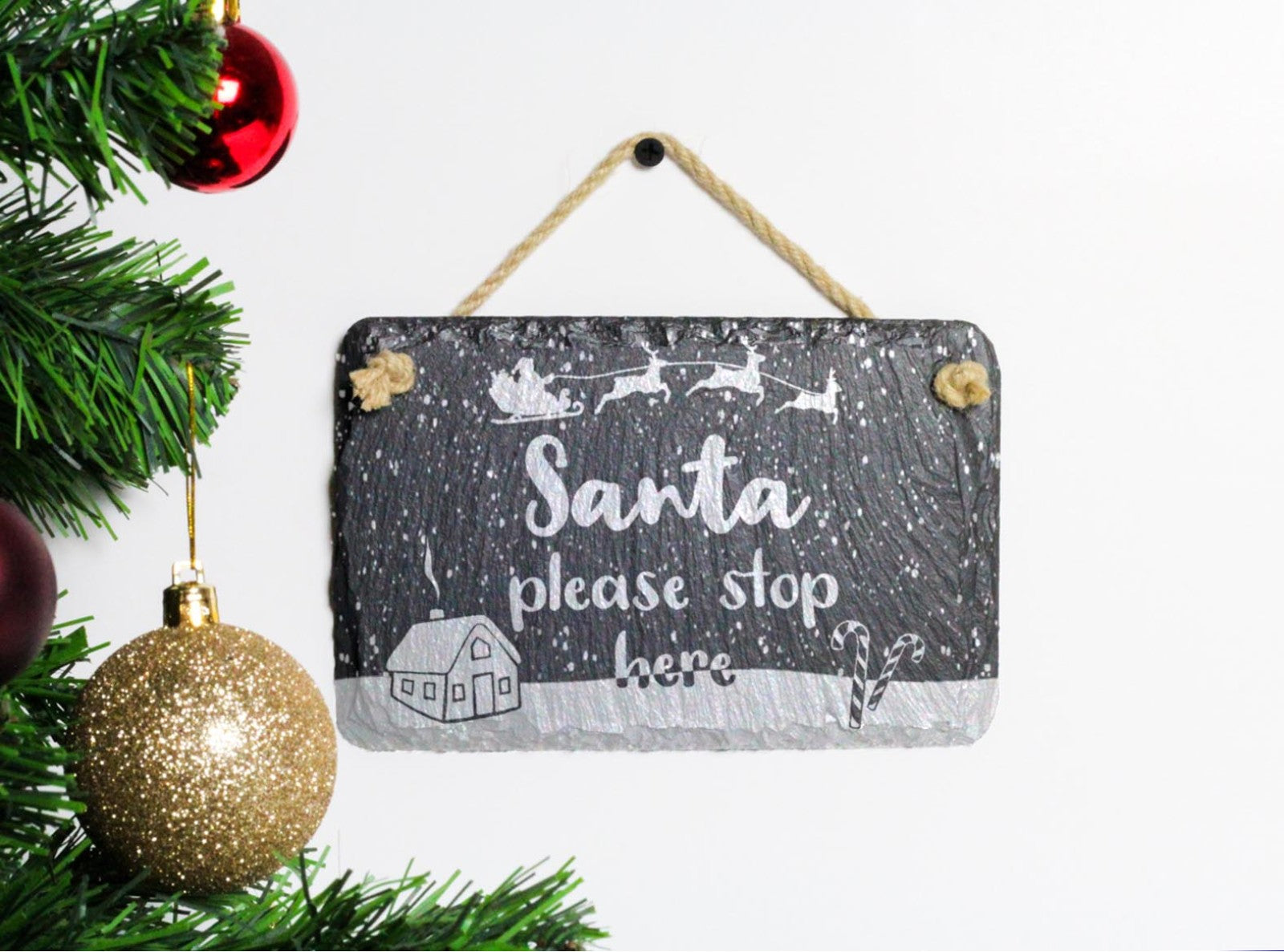 Welsh slate 'santa stop here' hanging christmas sign 