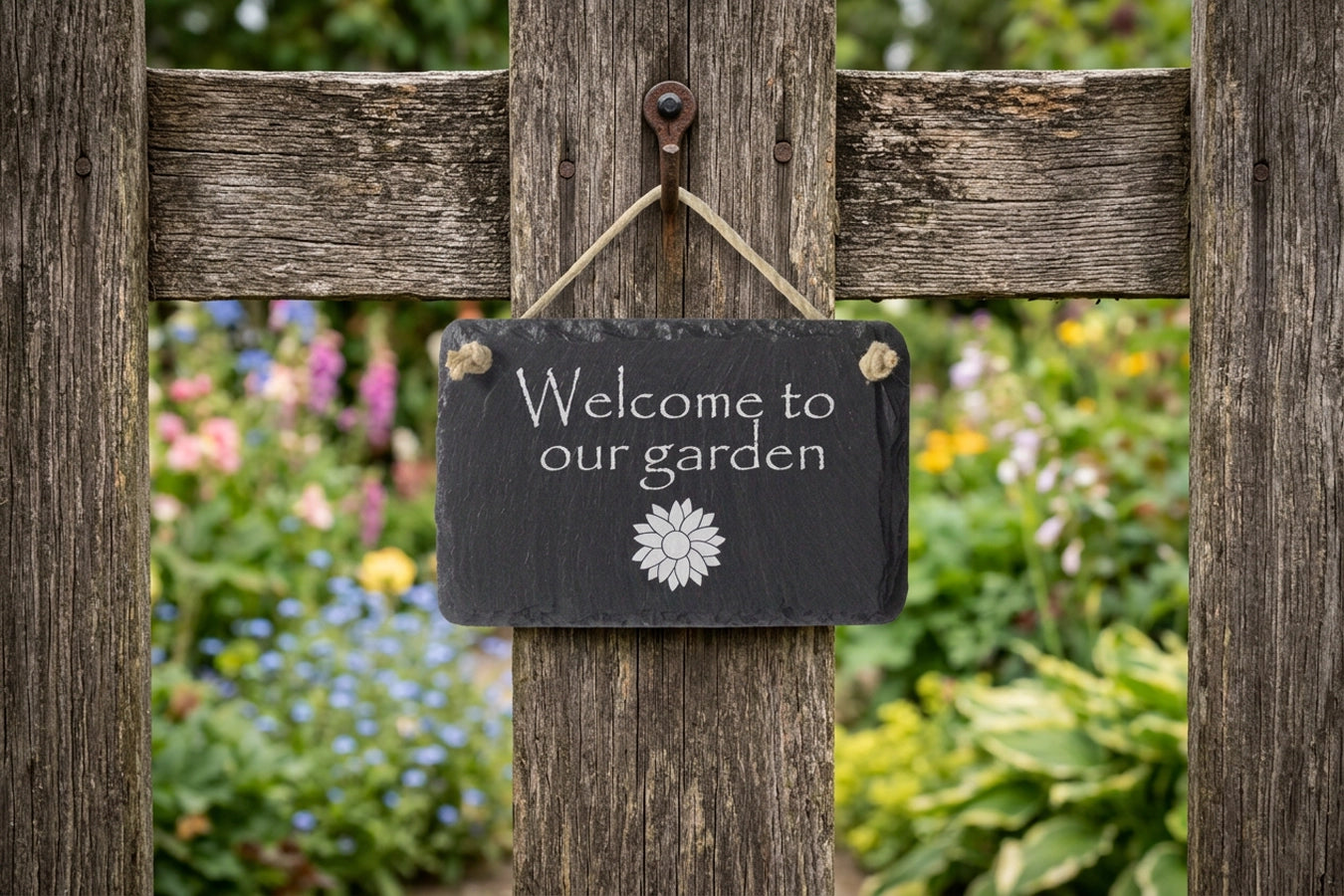 Welcome To Our Garden Welsh Slate Sign