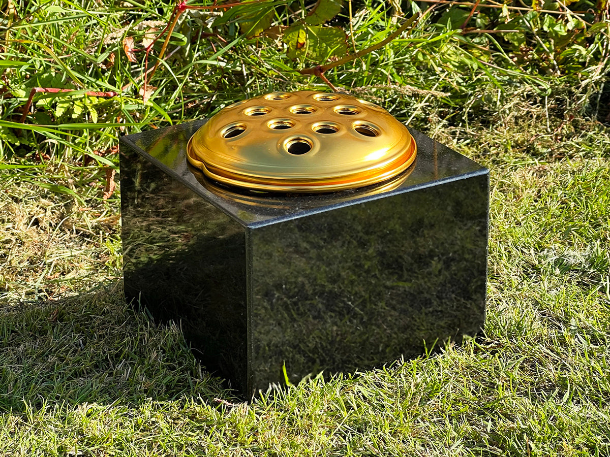 150 x 150 x 100mm small grave vase made with black granite, including silver/ gold flower holder